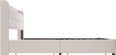 Produktbild von Flieks Polsterbett 160x200cm mit USB und Steckdosen, Jugendbett Doppelbett mit 4 Schubladen, Stauraumbett Massivholzbett mit LED und Lattenrost, Leinen, Beige
