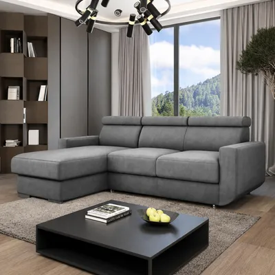Produktbild von GOLDSTOFF HUGO Ecksofa mit Schlaffunktion und Staurum | L-Form Schlafsofa mit Kopfstützen & Relaxfunktion | Schlafsofa (Grau)