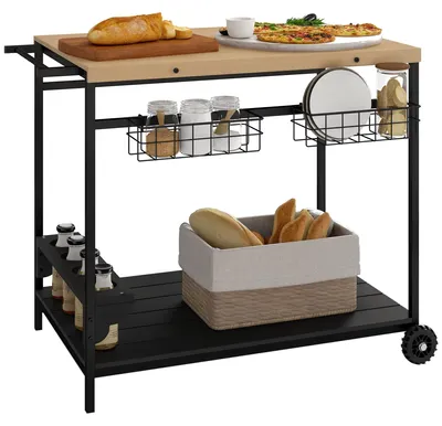 Productafbeelding van Serveerwagen, keukentrolley, 2 schappen, 4 flessenhouders, binnen/buiten, naturel/zwart