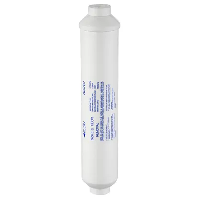 A white inline water filter with blue text labels.