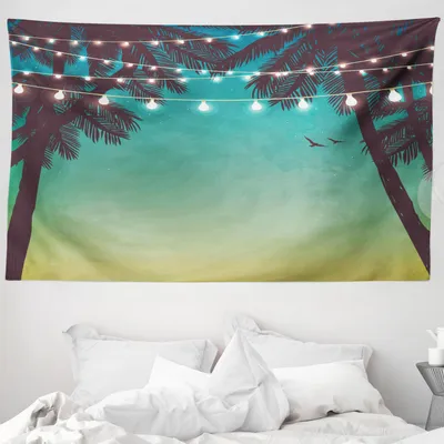 Produktbild von ABAKUHAUS Strand Wandteppich, Nachtzeit Sonnenuntergang-Palmen aus Weiches Mikrofaser Stoff Waschbar ohne Verblassen Digitaldruck, 230 x 140 cm, Mehrfarbig