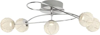 A modern ceiling light fixture with five spherical lamps.