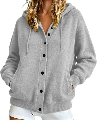 Produktbild von ASKSA Hoodie Damen Strickjacke mit Kapuze Pullover Einfarbig Kapuzenpullover Knoepfe Hoodie Jacke mit Taschen (Grau,M)