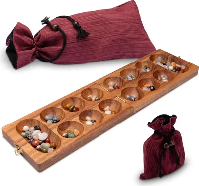 Produktbild von Kalaha Spiel mit Metallverschluss Gold und großem Stoffbeutel für 2 Spieler - Spielfeld 14 x 49 cm - Hus - Bao - mit Edelsteinen