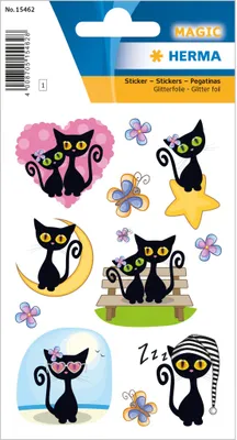 Produktbild von HERMA 15462 Glitter Sticker für Kinder, Cute Cat (11 Aufkleber, Folie, glitzernd) selbstklebend, permanent haftende Motiv Etiketten für Mädchen und Jungen, bunt