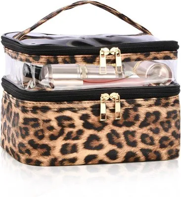 Productafbeelding van Grote Waterdichte Make-up Tas met Borsteltas, Leopardpatroon, Ideaal voor Reizen en Organiseren van Cosmetica, 22 x 16 x 15 cm