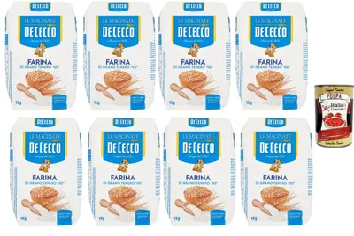 Produktbild von De Cecco Italian Gourmet Bundle Weizenmehl Typ 00 8x1kg + Italian Gourmet Polpa – 8kg italienisches Mehl für Pizza, Pasta, Brot, Focaccia, Kuchen & Backen, feines Farina di Grano Tenero 00 Vorratspack