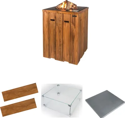 Produktbild von Happy Cocooning Mania Feuertisch Komplettset Stehtisch 19,5 kW quadratisch 76x76x100 cm Teakholz/grau