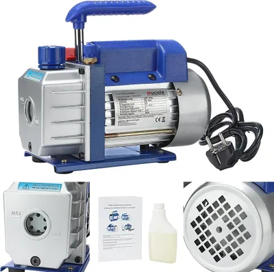 A collage of images showing a vacuum pump and its accessories.