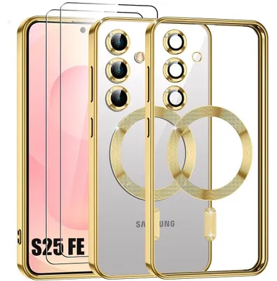 Image de Coque + 2 Verres Trempés pour Samsung Galaxy S25 FE, Protection avec Cercle Magnétique et Film Caméra - Doré