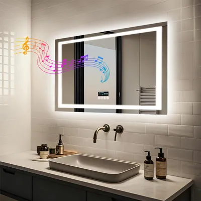 Obrázek produktu pro WISFOR LED koupelnové zrcadlo s reproduktorem Bluetooth, koupelnové zrcadlo 80x60 cm s osvětlením 3 barvy světla, LED nástěnné zrcadlo stmívatelné bez mlhy