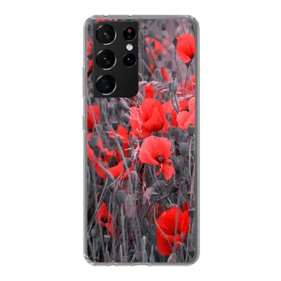 Produktbild von MuchoWow® Handyhülle Schutzhülle Hülle für Samsung Galaxy S21 Ultra Rote Mohnblumen in einem Schwarz-Weiß-Bild Silikon Softcase Handy Hülle - Mobiltelefon