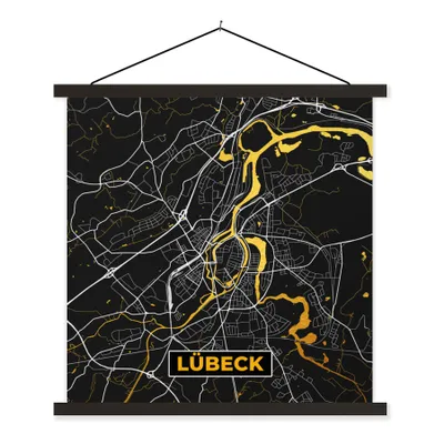 Produktbild von MuchoWow® Textilposter Lübeck - Karte - Gold - Stadtplan - Deutschland 90x90 cm mit schwarzem Rahmen - Magnetisches