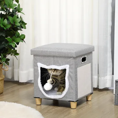 Produktbild von Katzenhöhle mit Spielball, Katzenhaus Katzenbett, Sisal Kratzmatte, Plüsch MDF Leinenimitat, Grau | 35,5x35,5x42,5 cm | 2,63 kg