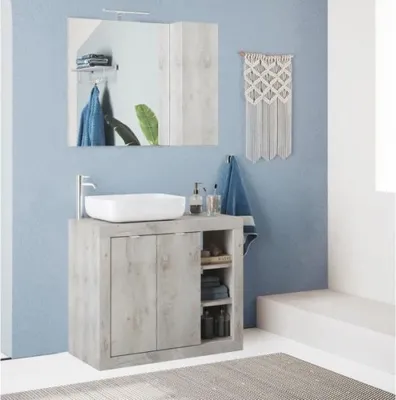 Image de Meuble de salle de bains moderne en bois blanc avec 2 portes et un lavabo à poignée