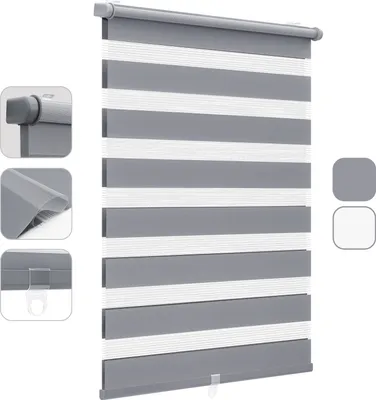 A close-up, studio shot of a grey and white striped roller blind, presented against a white background. The image also includes inset close-up views of the blind's mechanism and mounting hardware, as well as color swatches.