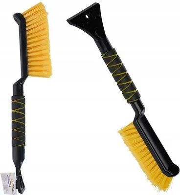 Two views of a black and yellow snow brush with an ice scraper attached to one end.