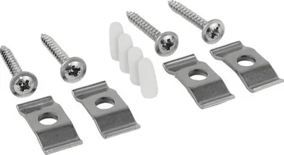 A set of mounting hardware for a sink, including screws, clips, and wall anchors.