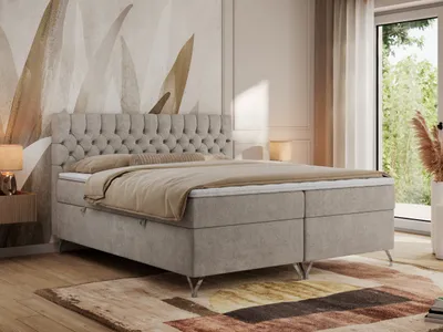 Produktbild von MKS MEBLE Boxspringbett 140x200, Bett 140x200 mit Matratze H4, Boxspringbett 140x200 mit Bettkasten und Topper, Polsterbett 140x200 Füße - GRIMALDI - 140x200 - Beige Struktur - H4