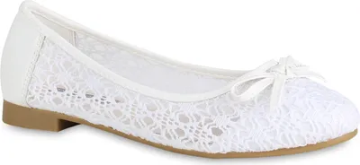 Produktbild von Mytrendshoe Klassische Damen Ballerinas Spitzenstoff Schleifen Flats Slippers 820550, Farbe: Weiß, Größe: 40
