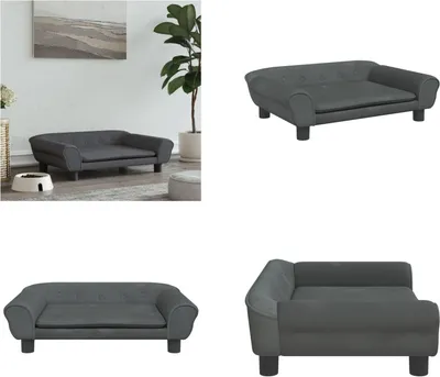 A collage of four images showing a dark gray velvet dog bed from different angles, including one in a room setting with a plant and a dog bowl.