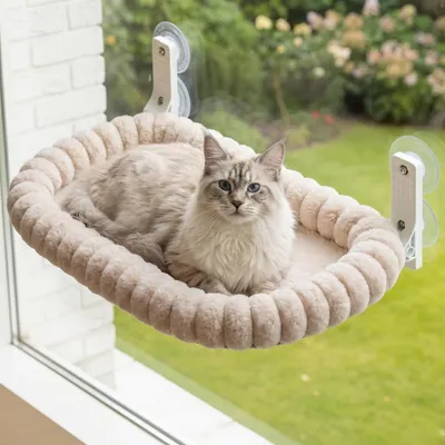 Imagen del producto de Hamaca para gatos - Para ventana - Beige - 52 x 30 cm - Hasta 18 kg - Ventosas - Funda lavable