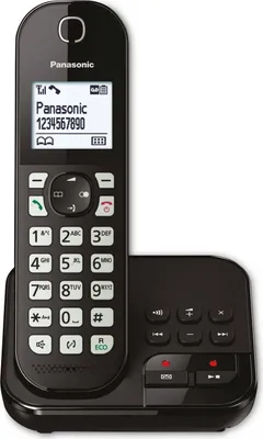 A black cordless Panasonic telephone and its charging base are shown against a white background.
