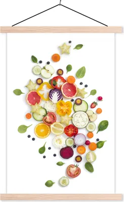Produktbild von MuchoWow® Textilposter Obst - Gemüse - Weiß 60x90 cm mit holzfarbenen Rahmen - Textil
