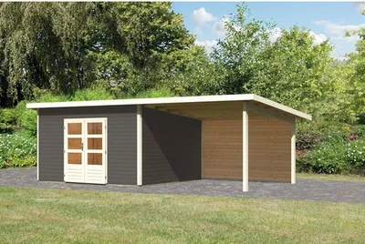 Produktbild von Gartenhaus Karibu Speyer 5 inkl. Anbaudach 3,3 m und Rückwand 724 x 393 cm terragrau