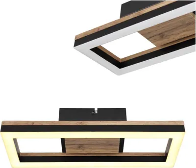A product shot of a modern rectangular ceiling light with a wood-grain finish and black and white accents.