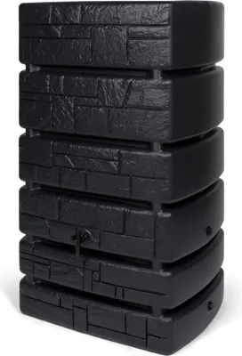 A black water butt with a stone-like texture, standing upright against a white background.