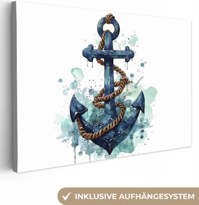 Produktbild von MuchoWow® - Leinwandbilder - Anker - Blau - Weiß - Maritim, Wandbild, Wanddeko Bilder Wohnzimmer, 120x80 cm