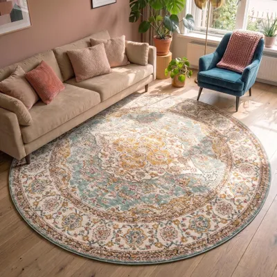 Produktbild von Volero - Teppich Vintage Rund - Thirza Medaillon Hellblau Bunt - Ø 100 cm - Wohnzimmer, Esszimmer, Schlafzimmer - Boho, Klassik, Ländlich, Orientalisch, Retro