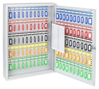 Produktbild von Schlüsselschrank Schlüsselkasten Stahl - 100 Schlüsselhaken - Abschließbar - 55 x 38 x 8 cm - Hellgrau