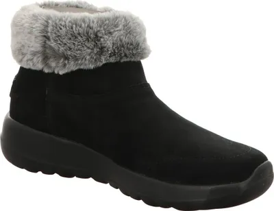 A single black boot with gray fur trim is shown against a white background.