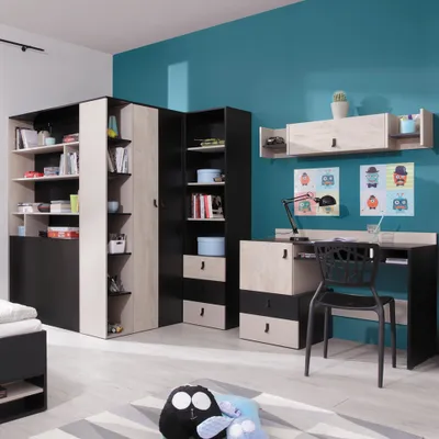 Produktbild von Jugendzimmer Set 4-teilig PITTSBURGH-133 mit begehbarem Kleiderschrank in schwarz mit Eiche und beige