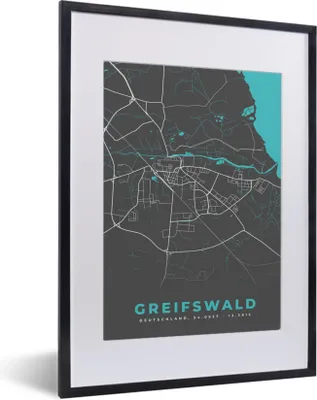 Produktbild von MuchoWow® Gerahmtes Poster Stadtplan - Karte - Greifswald - Blau - Deutschland - Karte 30x40 cm - Poster mit Schwarzem Bilderrahmen Wandposter Rahmen Foto Bilder - Wandposter Schlafzimmer