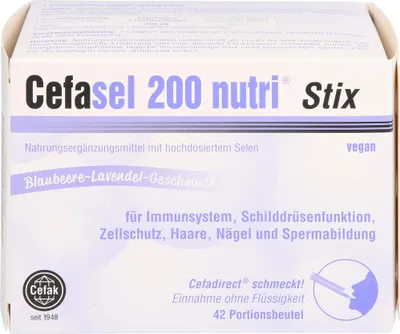 Obrázek produktu pro Cefasel 200 nutri Stix pro posílení imunitního systému, funkci štítné žlázy, ochranu buněk, vlasy, nehty a tvorbu spermií s příchutí borůvek a levandule, balení 42 ks