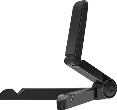A black, foldable stand for a phone or tablet is shown against a white background.