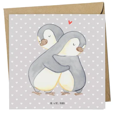 Produktbild von Mr. & Mrs. Panda Glückwunschkarte Pinguine Kuscheln - Grau Pastell - Geschenk, Freundin, Grußkarte, doppelkarte, für Partner, Klappkarte, Frauen, faltkarte, Mitbringsel