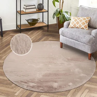 Produktbild von Hochflor Teppich Einfarbig - Taupe - 120 cm Rund - Fell-Teppiche für Schlafzimmer, Wohnzimmer
