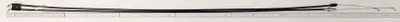 A close-up, slightly blurred image of a black and gray Bowden cable with Z-hooks on a white background with a ruler for scale.