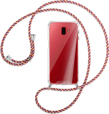 Produktbild von Handykette Backcover-Schutzhülle mit Band (Metall silberfarben) für Samsung Galaxy J6 Plus - weinrot/gelb/grau