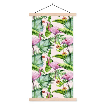 Produktbild von MuchoWow® Textilposter Flamingo - Pflanzen - Muster 40x80 cm mit holzfarbenen Rahmen - Wohnzimmer