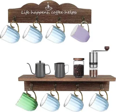 Produktbild von Famanu Kaffeetassenhalter Set mit 8 stabilen Haken - Kaffeebar Zubehör für ländliche Küchendekoration