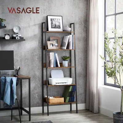 A home office setup with a ladder bookshelf, desk, and printer.