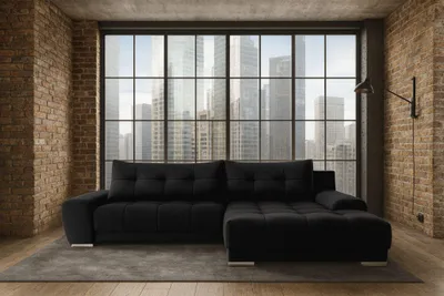 Image de Canapé d'angle avec fonction sommeil et coffre de rangement, Canapé d'angle WAVE tissu SORO droit Noir