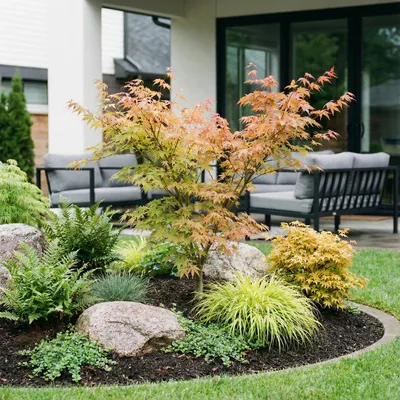Produktbild von Japanischer Ahorn Acer palmatum Katsura, laubabwerfende Gartenpflanze in Grün mit gelb orangem Austrieb, Zierahorn für Garten und Kübel, Ø26cm,