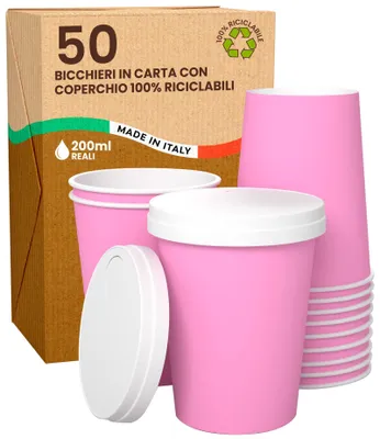Einweg-Pappbecher 50 Stück, rosa, 200 ml, mit Deckel