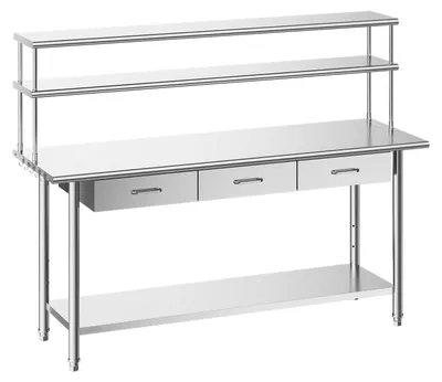 Produktbild von VEVOR Gastronomie Arbeitstisch 1829 x 610 x 1400 mm, Edelstahltisch mit Grundboden & 3 Schubladen & Doppelaufsatzbord, Gewerblicher Vorbereitungstisch Werkbank für Restaurant Garage Küchentisch